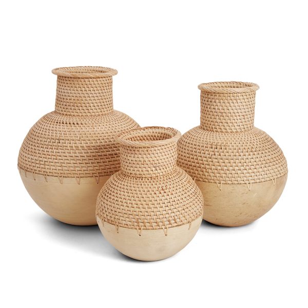 17171 - Kit Vasos Em Madeira E Rattan – 3 Pçs